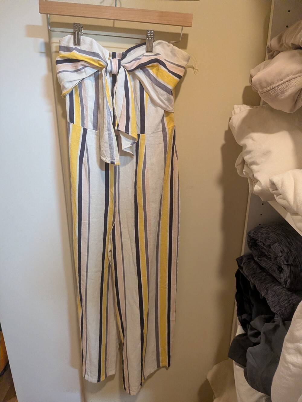 Gypsies & Moondust Strapless Tie-Front Jumpsuit in White, Yellow & Navy